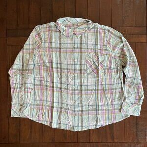 Candace Cameron Bure Soft LS Collared Mint/Lavender Plaid Shirt, Size L